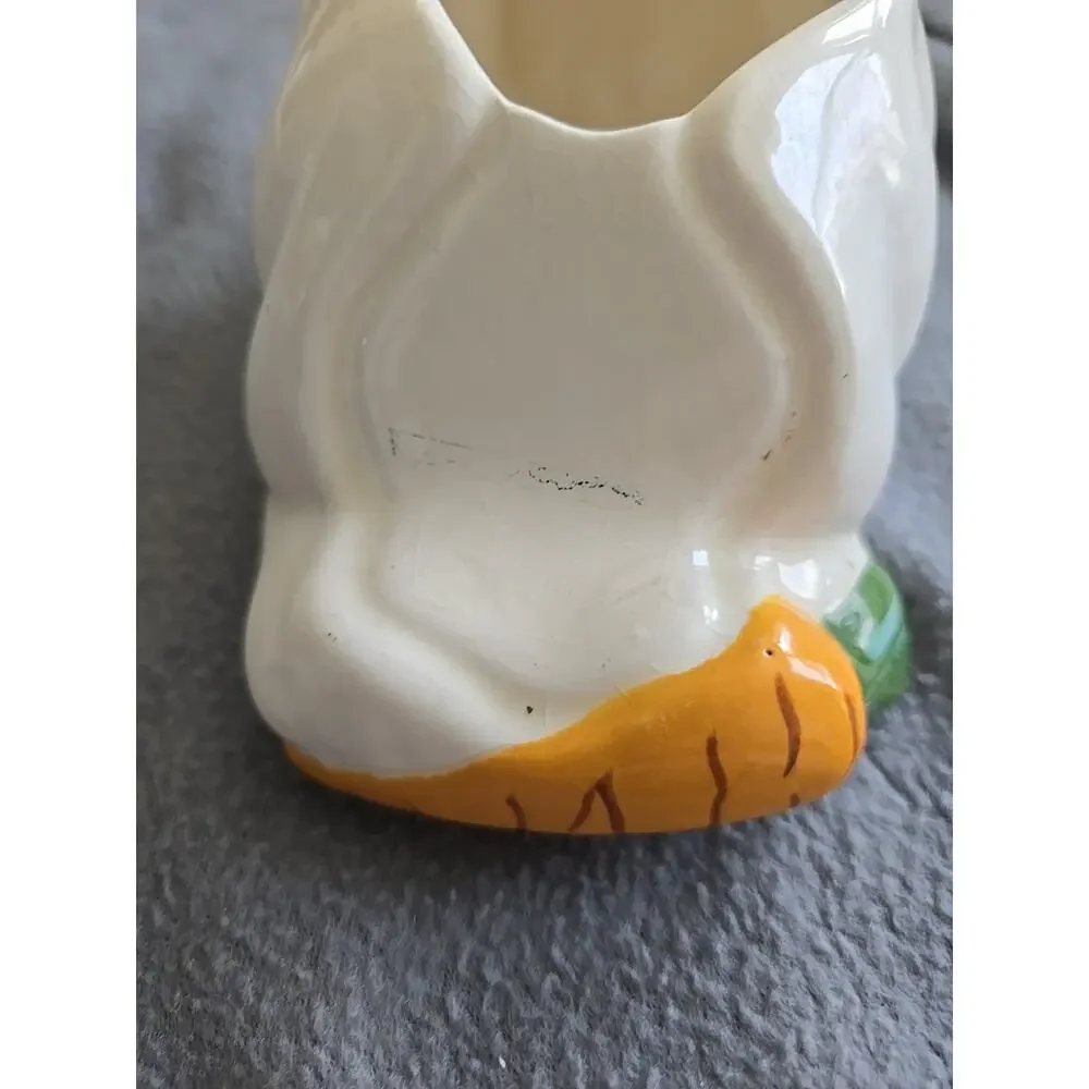 Vintage White Bunny Rabbit Eating a Carrot Figurine-1968-Hand Crafted-Signed